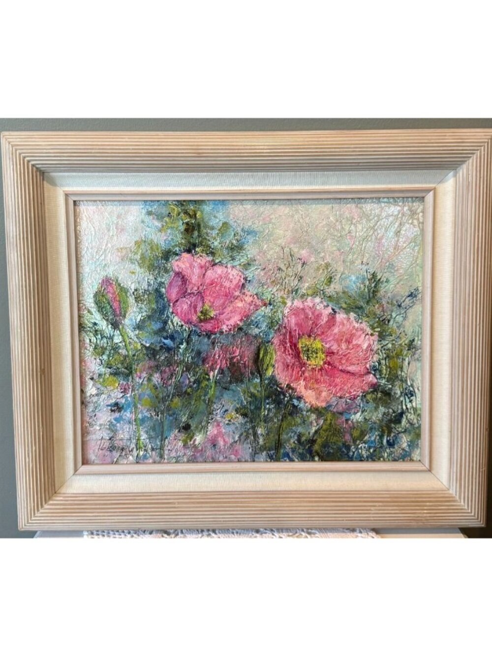Vintage Original Textured Floral Painting Pink Poppies Framed Signed Art